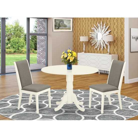 3Pc Kitchen Dining Set, Round Breakfast Table, 2 Chairs, Shitake Chairs Seat, Rubber Wood Legs, Linen White