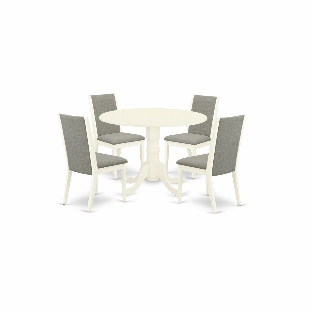 5Pc Kitchen Set, Round Dining Table, 4 Upholstered Dining Chairs, Shitake Chairs Seat, Rubber Wood Legs, Linen White