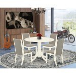 5Pc Kitchen Set, Round Dining Table, 4 Upholstered Dining Chairs, Shitake Chairs Seat, Rubber Wood Legs, Linen White