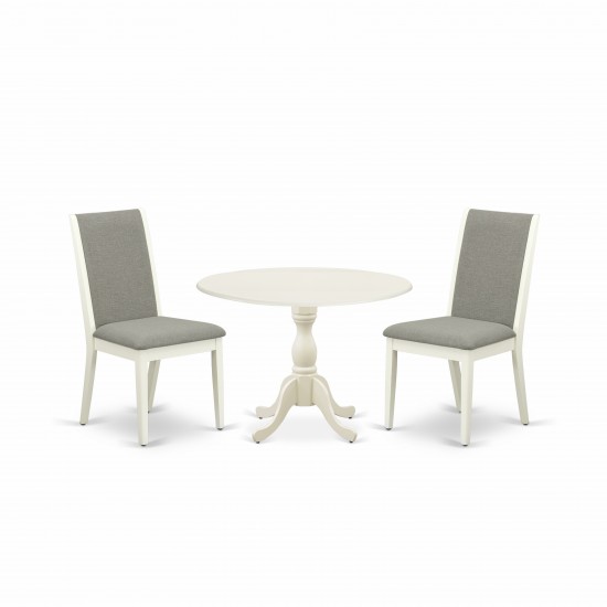 3Pc Wooden Dining Set, 1 Drop Leaves Table, 2 Shitake Upholstered Chair, High Back, Linen White Finish