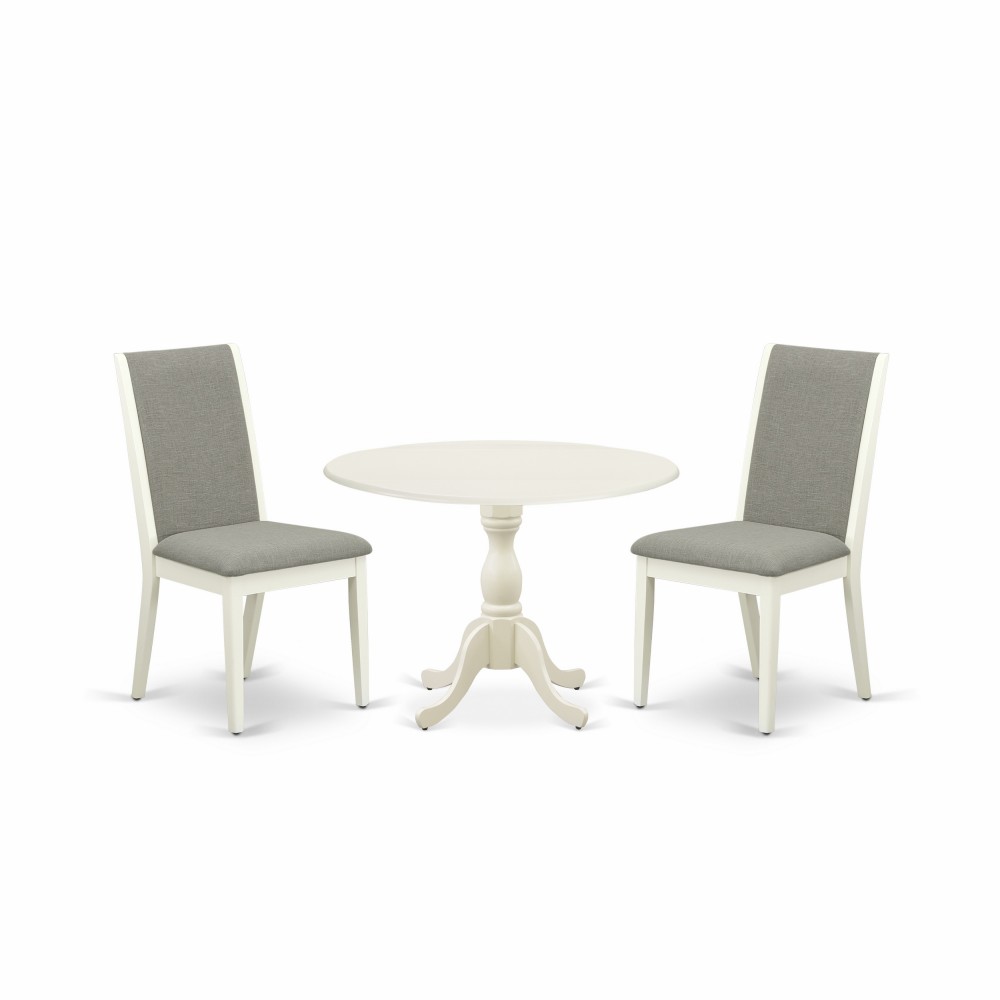 3Pc Wooden Dining Set, 1 Drop Leaves Table, 2 Shitake Upholstered Chair, High Back, Linen White Finish