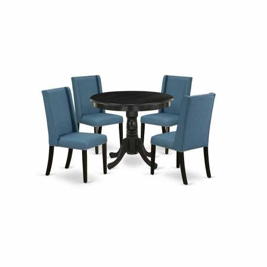 5Pc Dining Set, Round Table, 4 Chairs, Mineral Blue Chairs Seat, Rubber Wood Legs, Black