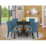 5Pc Dining Set, Round Table, 4 Chairs, Mineral Blue Chairs Seat, Rubber Wood Legs, Black