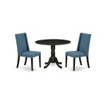 3Pc Kitchen Set, Round Wood Kitchen Table, 2 Dining Chairs, Mineral Blue Parson Chairs Seat, Rubber Wood Legs, Black