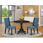 3Pc Kitchen Set, Round Wood Kitchen Table, 2 Dining Chairs, Mineral Blue Parson Chairs Seat, Rubber Wood Legs, Black