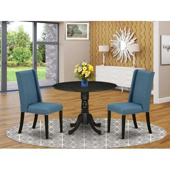 3Pc Kitchen Set, Round Wood Kitchen Table, 2 Dining Chairs, Mineral Blue Parson Chairs Seat, Rubber Wood Legs, Black