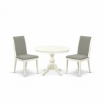 3 Pc Dining Set, Linen White Round Table, 2 Shitake Chairs, High Back, Linen White Finish