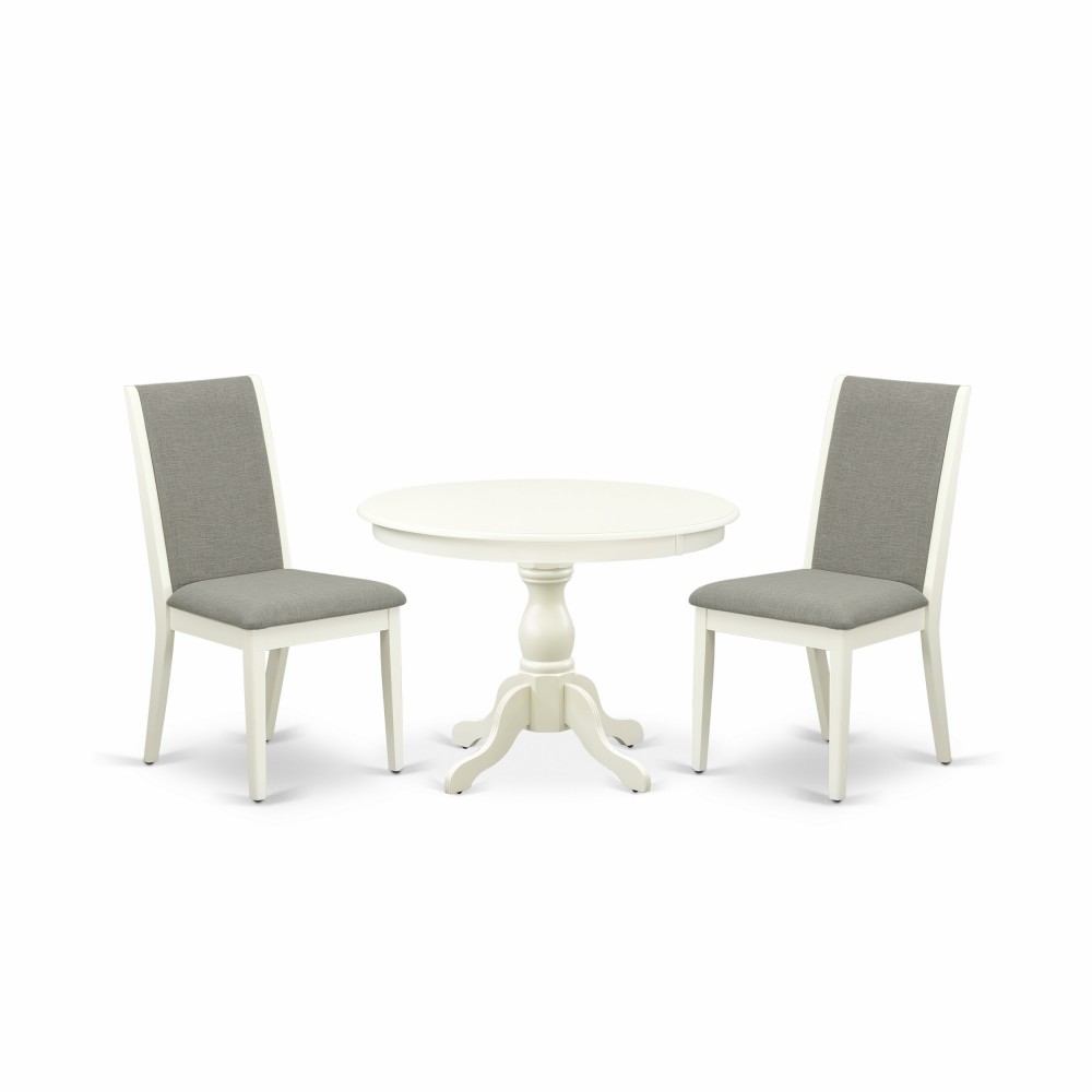 3 Pc Dining Set, Linen White Round Table, 2 Shitake Chairs, High Back, Linen White Finish