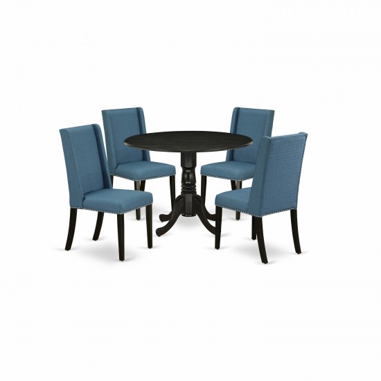 5Pc Kitchen Set, Pedestal Dining Table, 4 Dining Chairs, Mineral Blue Kitchen Chairs Seat, Rubber Wood Legs, Black