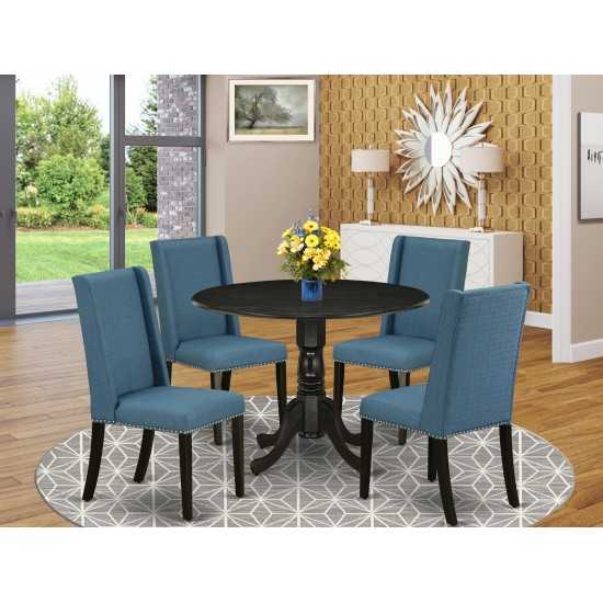 5Pc Kitchen Set, Pedestal Dining Table, 4 Dining Chairs, Mineral Blue Kitchen Chairs Seat, Rubber Wood Legs, Black