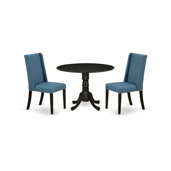 3Pc Dining Set, Round Wood Table, 2 Chairs, Mineral Blue Chairs Seat, Black Rubber Wood Legs, Black