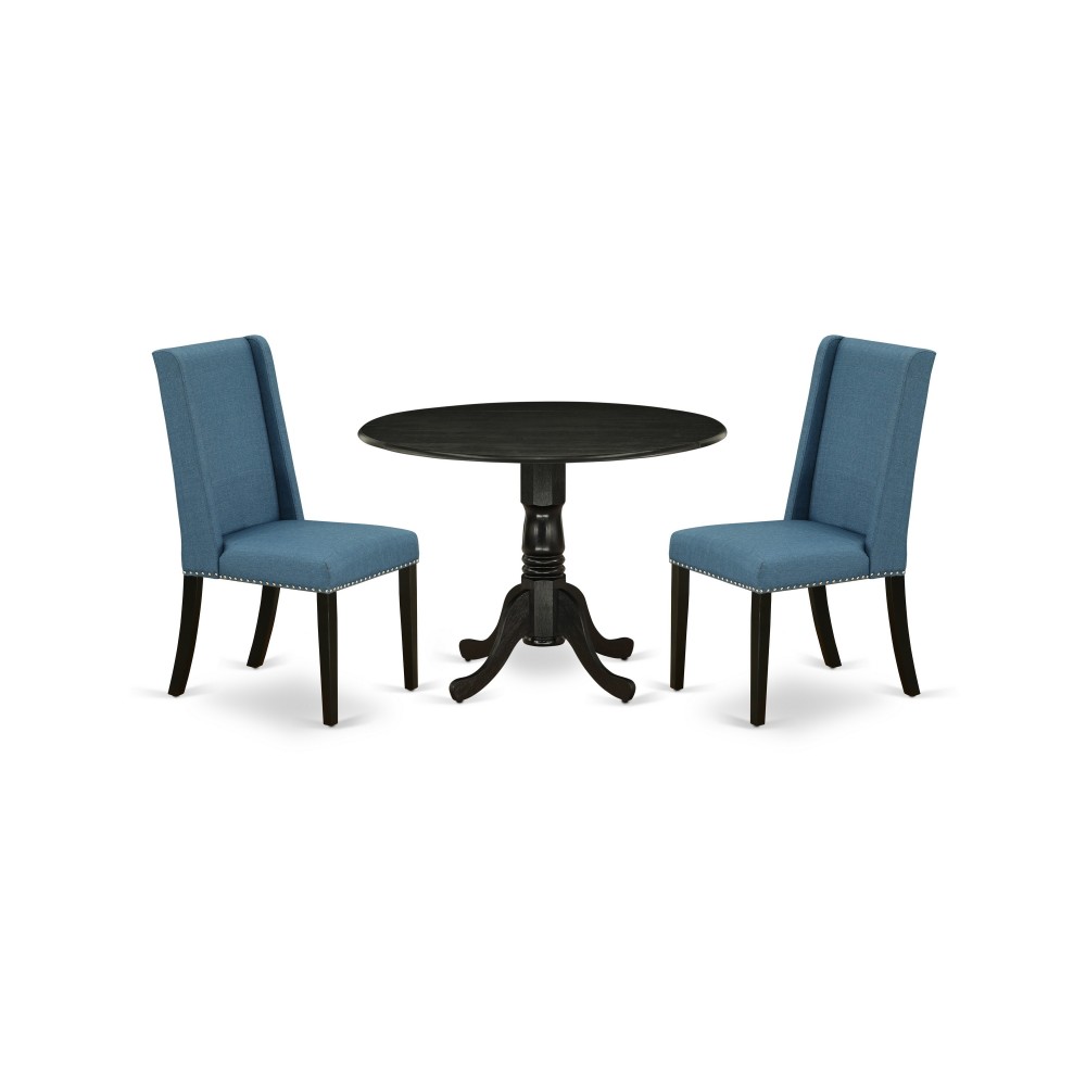 3Pc Dining Set, Round Wood Table, 2 Chairs, Mineral Blue Chairs Seat, Black Rubber Wood Legs, Black