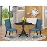 3Pc Dining Set, Round Wood Table, 2 Chairs, Mineral Blue Chairs Seat, Black Rubber Wood Legs, Black