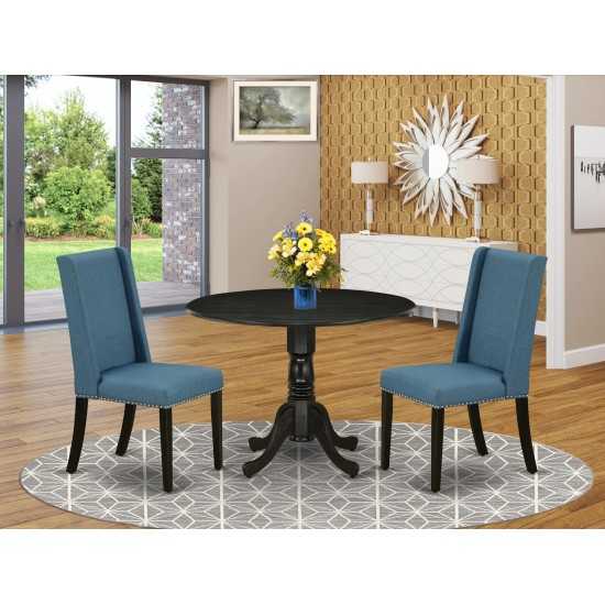 3Pc Dining Set, Round Wood Table, 2 Chairs, Mineral Blue Chairs Seat, Black Rubber Wood Legs, Black