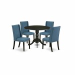 5Pc Dining Kitchen Set, Round Table, 4 Parson Chairs, Mineral Blue Chairs Seat, Rubber Wood Legs, Black