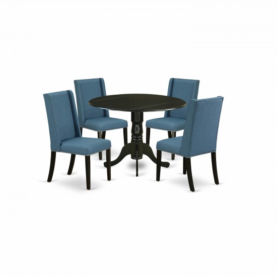 5Pc Dining Kitchen Set, Round Table, 4 Parson Chairs, Mineral Blue Chairs Seat, Rubber Wood Legs, Black