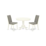 3Pc Round Kitchen Set, Round Kitchen Table, 2 Kitchen Parson Chairs, Shitake Kitchen Chairs Seat, Rubber Wood Legs, Linen Whi