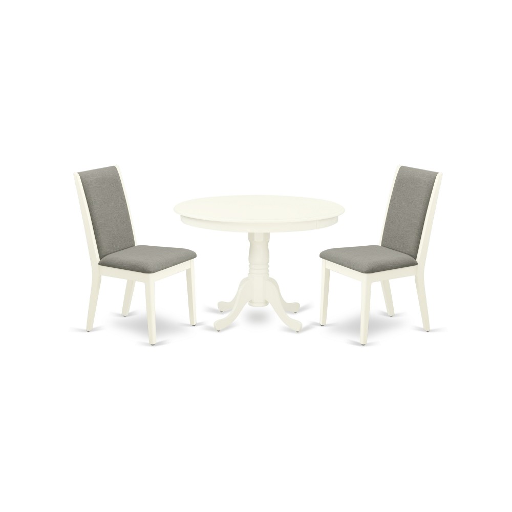 3Pc Round Kitchen Set, Round Kitchen Table, 2 Kitchen Parson Chairs, Shitake Kitchen Chairs Seat, Rubber Wood Legs, Linen Whi