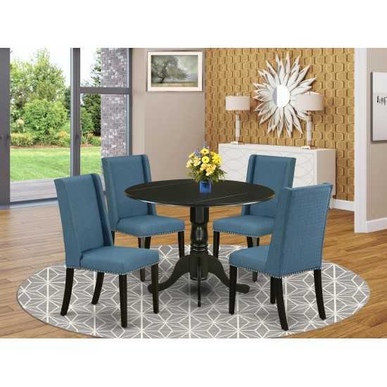 5Pc Dining Kitchen Set, Round Table, 4 Parson Chairs, Mineral Blue Chairs Seat, Rubber Wood Legs, Black