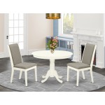 3Pc Round Kitchen Set, Round Kitchen Table, 2 Kitchen Parson Chairs, Shitake Kitchen Chairs Seat, Rubber Wood Legs, Linen Whi