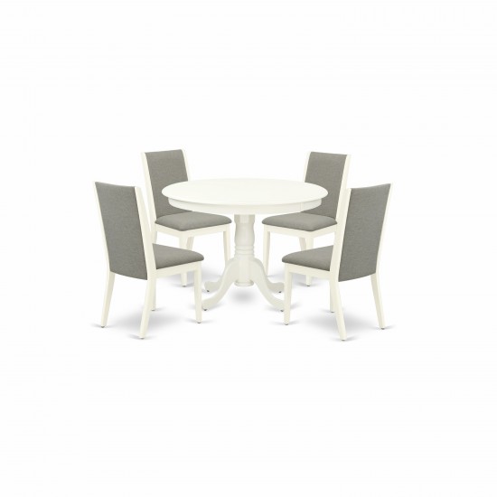 5Pc Dining Set- 4 Parson Chairs, Round Table Solid Wood Structure -High Back & Linen White Finish