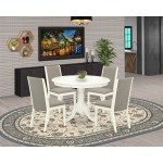 5Pc Dining Set- 4 Parson Chairs, Round Table Solid Wood Structure -High Back & Linen White Finish