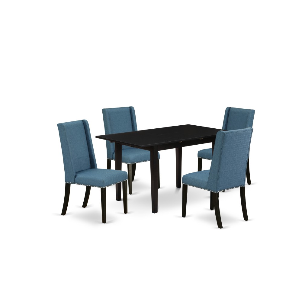 5Pc Wood Dining Set, Nail Head Chairs, High Back, Upholstered Seat, Butterfly Leaf Table, Black