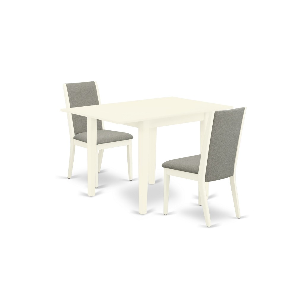 3Pc Wood Dining Set, Drop Leaves Table, 2 Fabric Chairs, Shitake Parson Chairs Seat, Rubber Wood Legs, Linen White