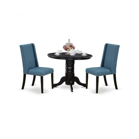 3Pc Kitchen Set, Round Dining Table, 2 Dining Chairs, Mineral Blue Parson Dining Chairs Seat, Rubber Wood Legs, Black