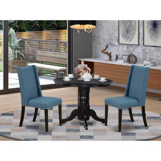 3Pc Kitchen Set, Round Dining Table, 2 Dining Chairs, Mineral Blue Parson Dining Chairs Seat, Rubber Wood Legs, Black