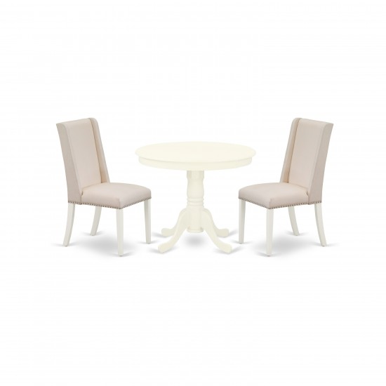 3Pc Dinette Set, Round Dinner Table, 2 Dining Chairs, Cream Upholstered Dining Chairs Seat, Rubber Wood Legs, Linen White