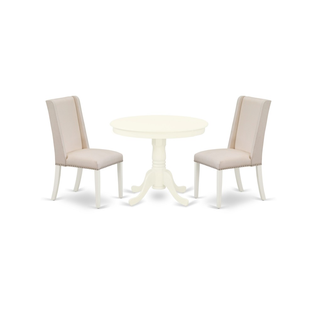 3Pc Dinette Set, Round Dinner Table, 2 Dining Chairs, Cream Upholstered Dining Chairs Seat, Rubber Wood Legs, Linen White