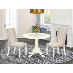 3Pc Dinette Set, Round Dinner Table, 2 Dining Chairs, Cream Upholstered Dining Chairs Seat, Rubber Wood Legs, Linen White