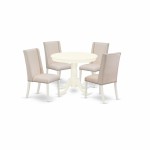 5Pc Kitchen Dining Set, Round Dinette Table, 4 Chairs, Cream Parson Chairs Seat, Rubber Wood Legs, Linen White