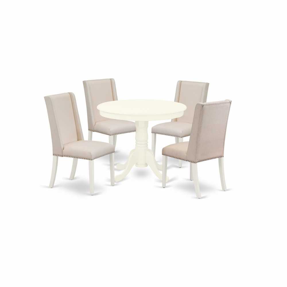 5Pc Kitchen Dining Set, Round Dinette Table, 4 Chairs, Cream Parson Chairs Seat, Rubber Wood Legs, Linen White