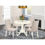 5Pc Kitchen Dining Set, Round Dinette Table, 4 Chairs, Cream Parson Chairs Seat, Rubber Wood Legs, Linen White