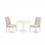 3Pc Dining Kitchen Set, Round Breakfast Table, 2 Chairs, Cream Chairs Seat, Rubber Wood Legs, Linen White