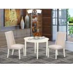 3Pc Dining Kitchen Set, Round Breakfast Table, 2 Chairs, Cream Chairs Seat, Rubber Wood Legs, Linen White