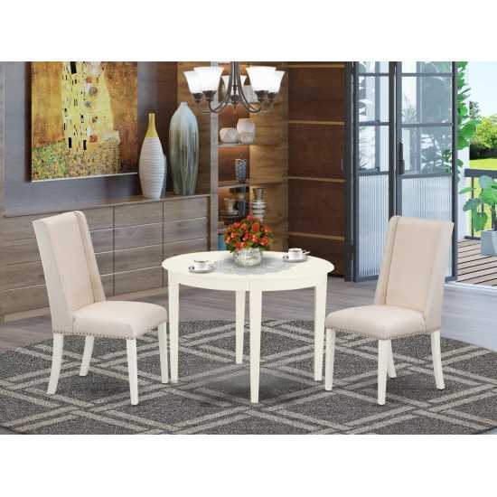 3Pc Dining Kitchen Set, Round Breakfast Table, 2 Chairs, Cream Chairs Seat, Rubber Wood Legs, Linen White