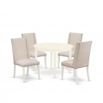 5Pc Dinette Set, Round Wood Kitchen Table, 4 Parson Dining Chairs, Cream Dining Chairs Seat, Rubber Wood Legs, Linen White