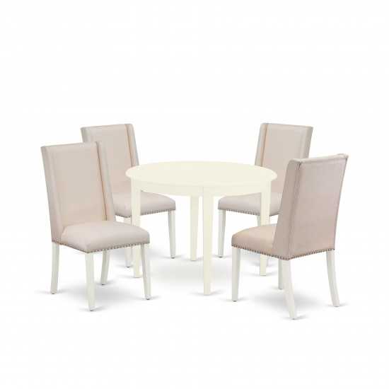 5Pc Dinette Set, Round Wood Kitchen Table, 4 Parson Dining Chairs, Cream Dining Chairs Seat, Rubber Wood Legs, Linen White