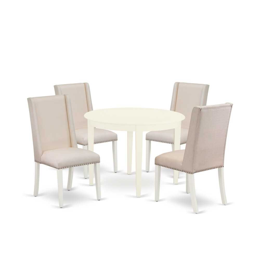 5Pc Dinette Set, Round Wood Kitchen Table, 4 Parson Dining Chairs, Cream Dining Chairs Seat, Rubber Wood Legs, Linen White