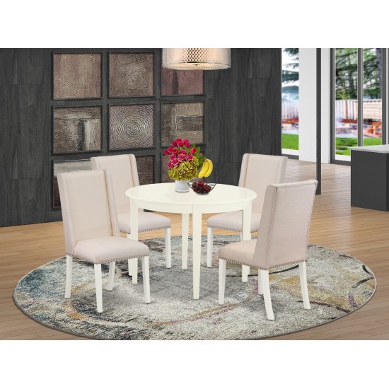 5Pc Dinette Set, Round Wood Kitchen Table, 4 Parson Dining Chairs, Cream Dining Chairs Seat, Rubber Wood Legs, Linen White