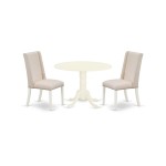 3Pc Wood Dining Set, Round Table, 2 Chairs, Cream Upholstered Chairs Seat, Rubber Wood Legs, Linen White