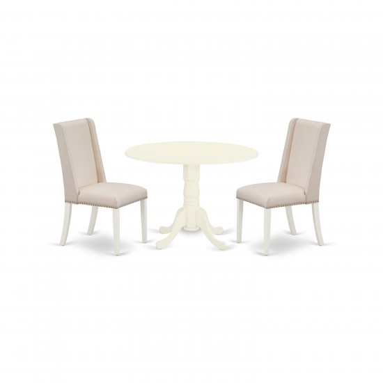 3Pc Wood Dining Set, Round Table, 2 Chairs, Cream Upholstered Chairs Seat, Rubber Wood Legs, Linen White