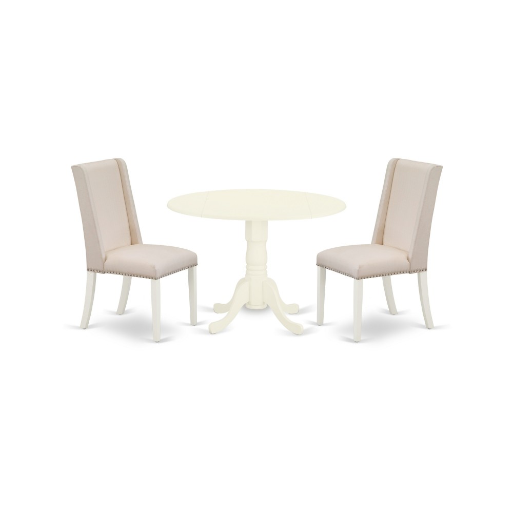 3Pc Wood Dining Set, Round Table, 2 Chairs, Cream Upholstered Chairs Seat, Rubber Wood Legs, Linen White