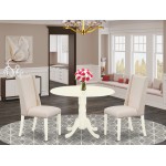 3Pc Wood Dining Set, Round Table, 2 Chairs, Cream Upholstered Chairs Seat, Rubber Wood Legs, Linen White