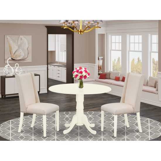 3Pc Wood Dining Set, Round Table, 2 Chairs, Cream Upholstered Chairs Seat, Rubber Wood Legs, Linen White