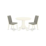 3Pc Wood Dining Set, Round Table, 2 Chairs, Shitake Chairs Seat, Rubber Wood Legs, Linen White