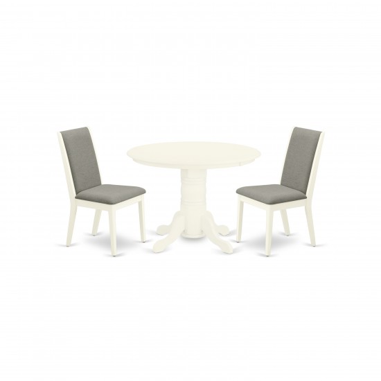 3Pc Wood Dining Set, Round Table, 2 Chairs, Shitake Chairs Seat, Rubber Wood Legs, Linen White